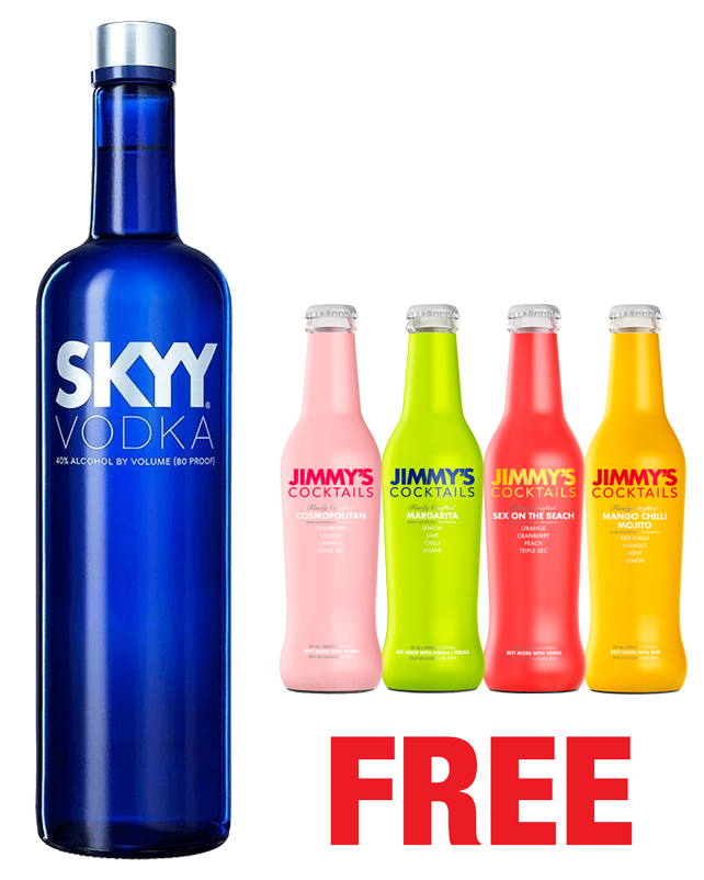 Skyy Original 1L x 1 Bottle + 4 Jimmy's Cocktails 250ML FREE Skyy Original 1L x 1 Bottle + 4 Jimmy's Cocktails 250ML FREE