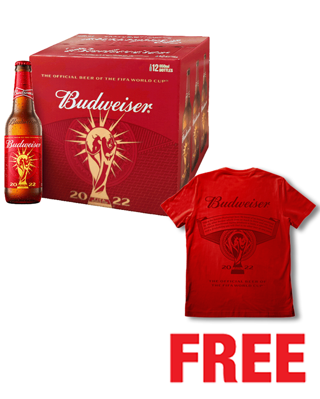 Budweiser FIFA World Cup 2022 Edition 650ML x 12 Bottles + 1 T-Shirt Free Budweiser FIFA World Cup 2022 Edition 650ML x 12 Bottles + 1 T-Shirt Free