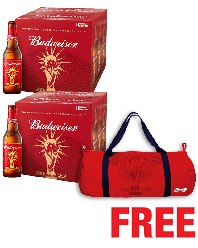 Budweiser FIFA 650ML x 24 Bottles + 1 Duffle Bag Free Budweiser FIFA 650ML x 24 Bottles + 1 Duffle Bag Free